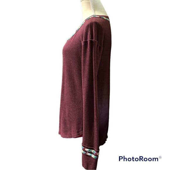 Free People Burgundy Red RAINBOW THERMAL TEE Henley top - Picture 3 of 6